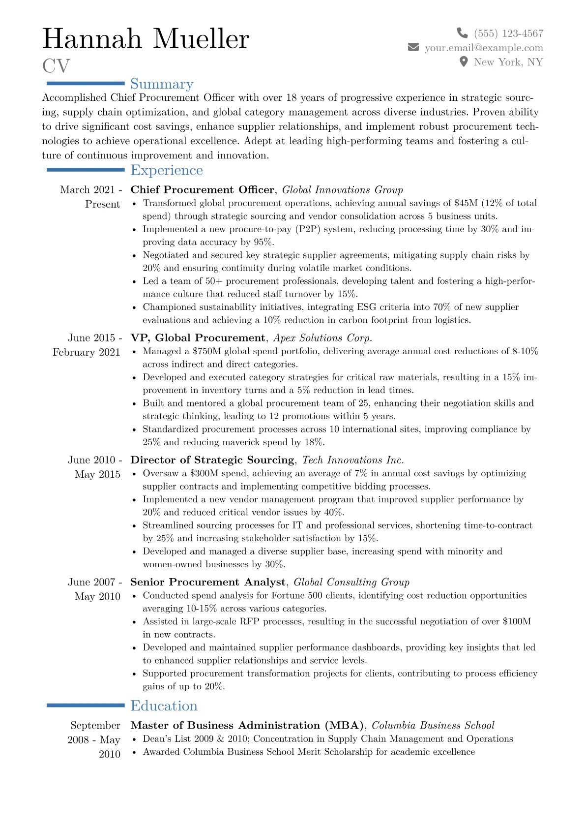Chief Procurement Officer Resume Example CV template - Page 1