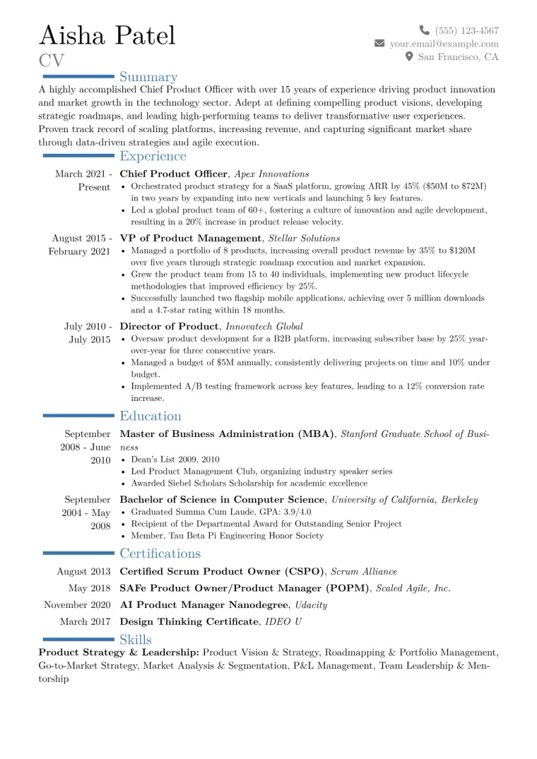 Chief Product Officer Resume Example CV template preview