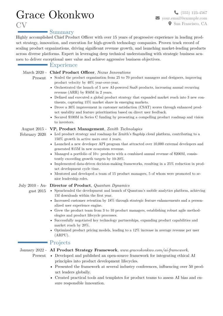 Chief Product Officer Technology Resume Example CV template preview