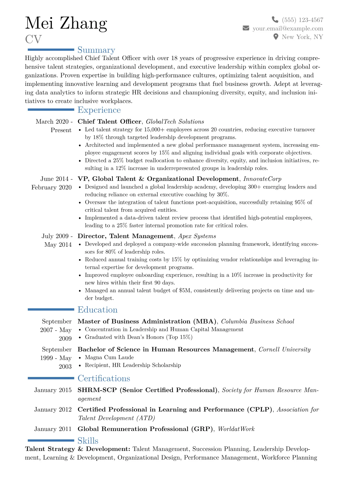 Chief Talent Officer Resume Example CV template - Page 1