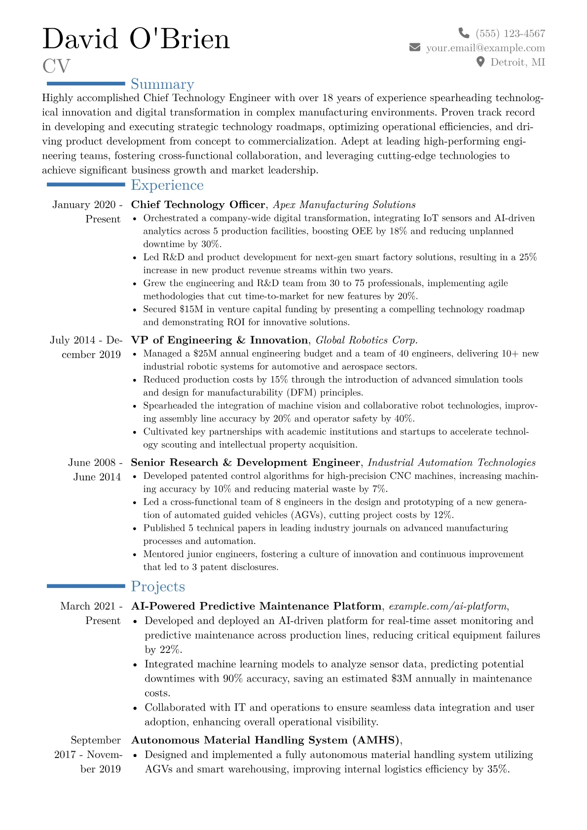 Chief Technology Engineer Resume Example CV template - Page 1