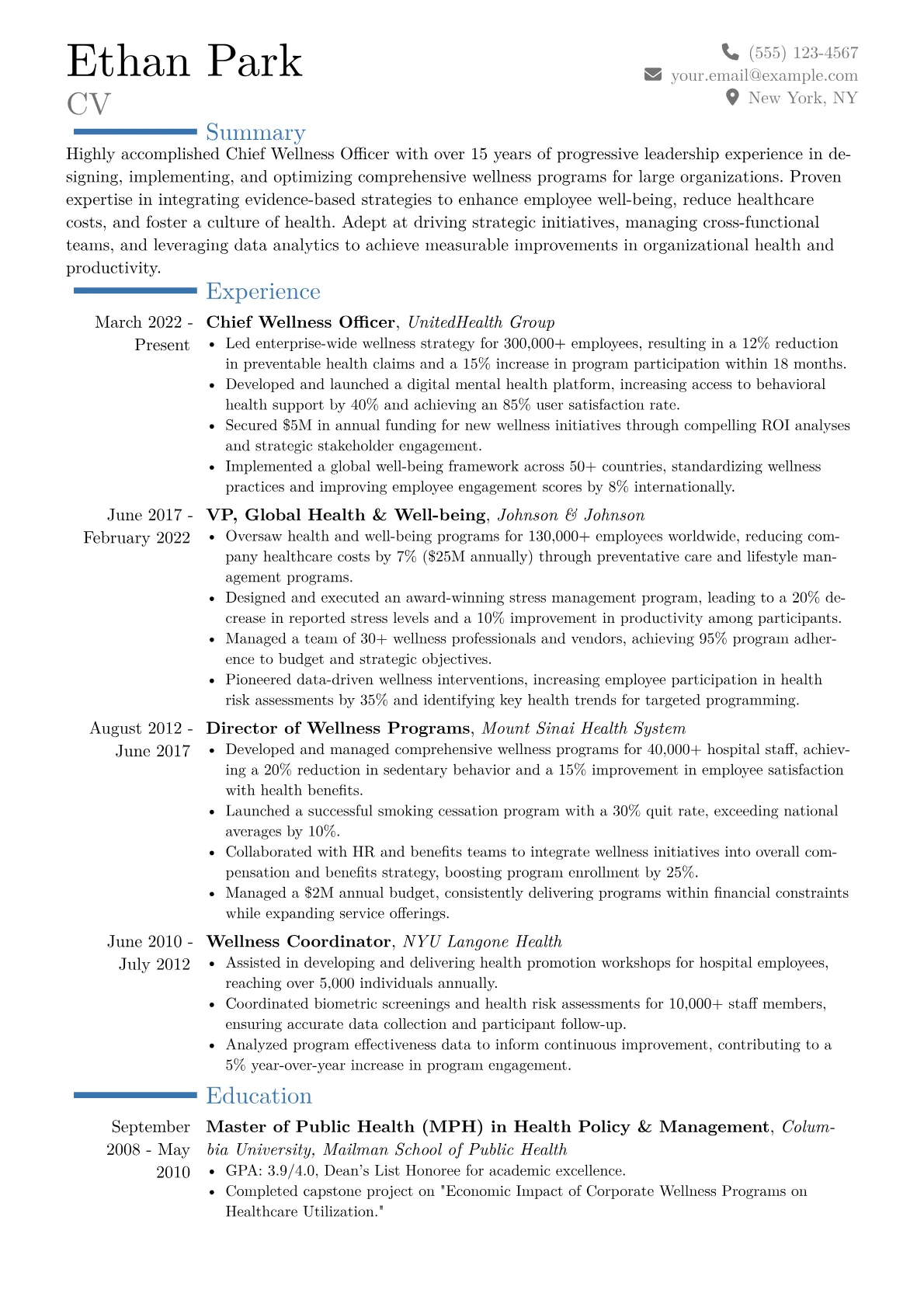 Chief Wellness Officer Resume Example CV template - Page 1