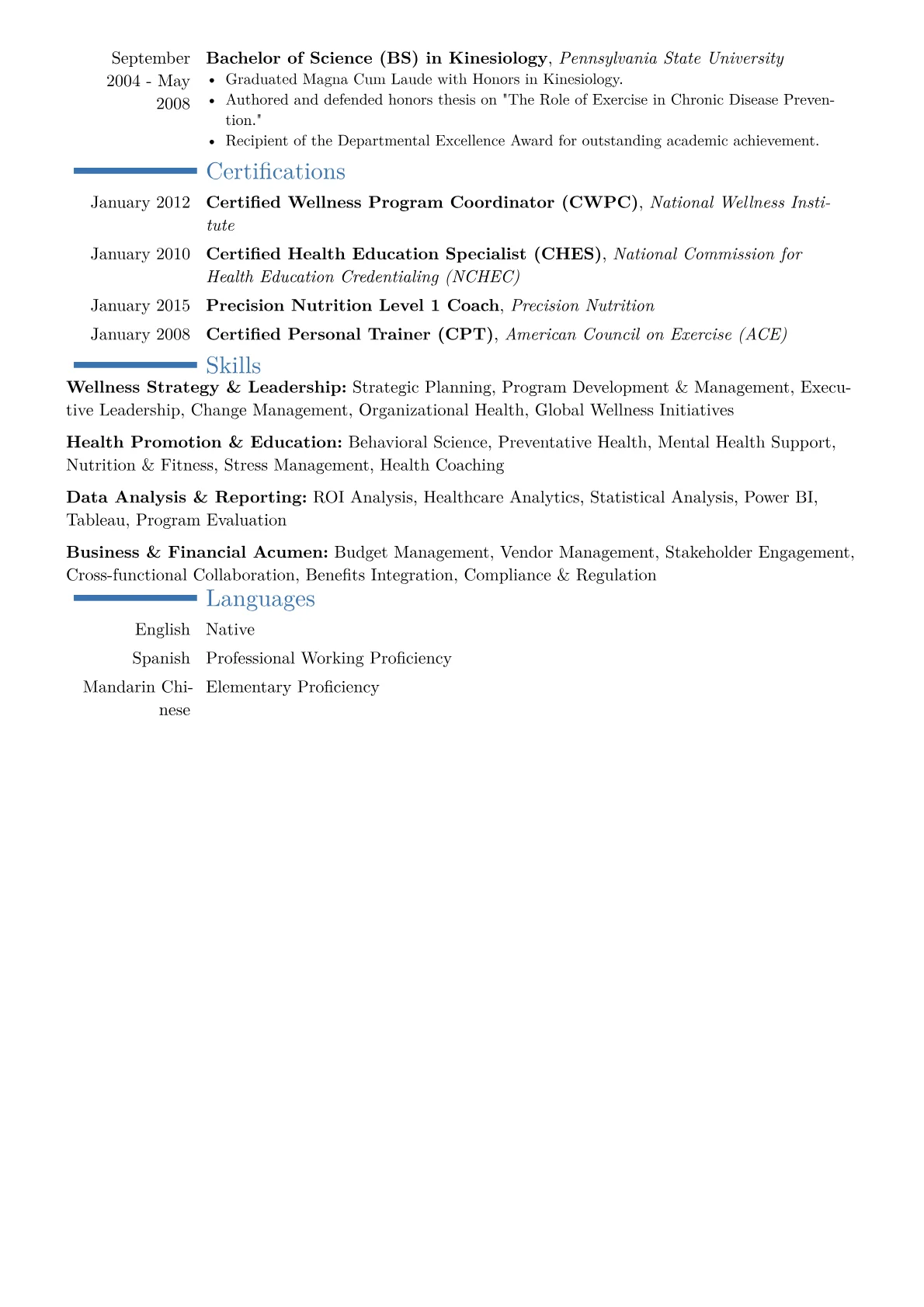 Chief Wellness Officer Resume Example CV template - Page 2