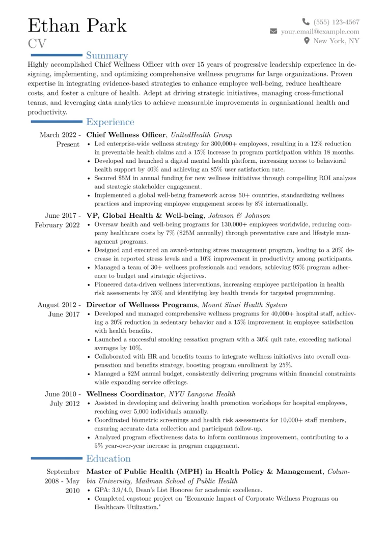 Chief Wellness Officer Resume Example CV template preview