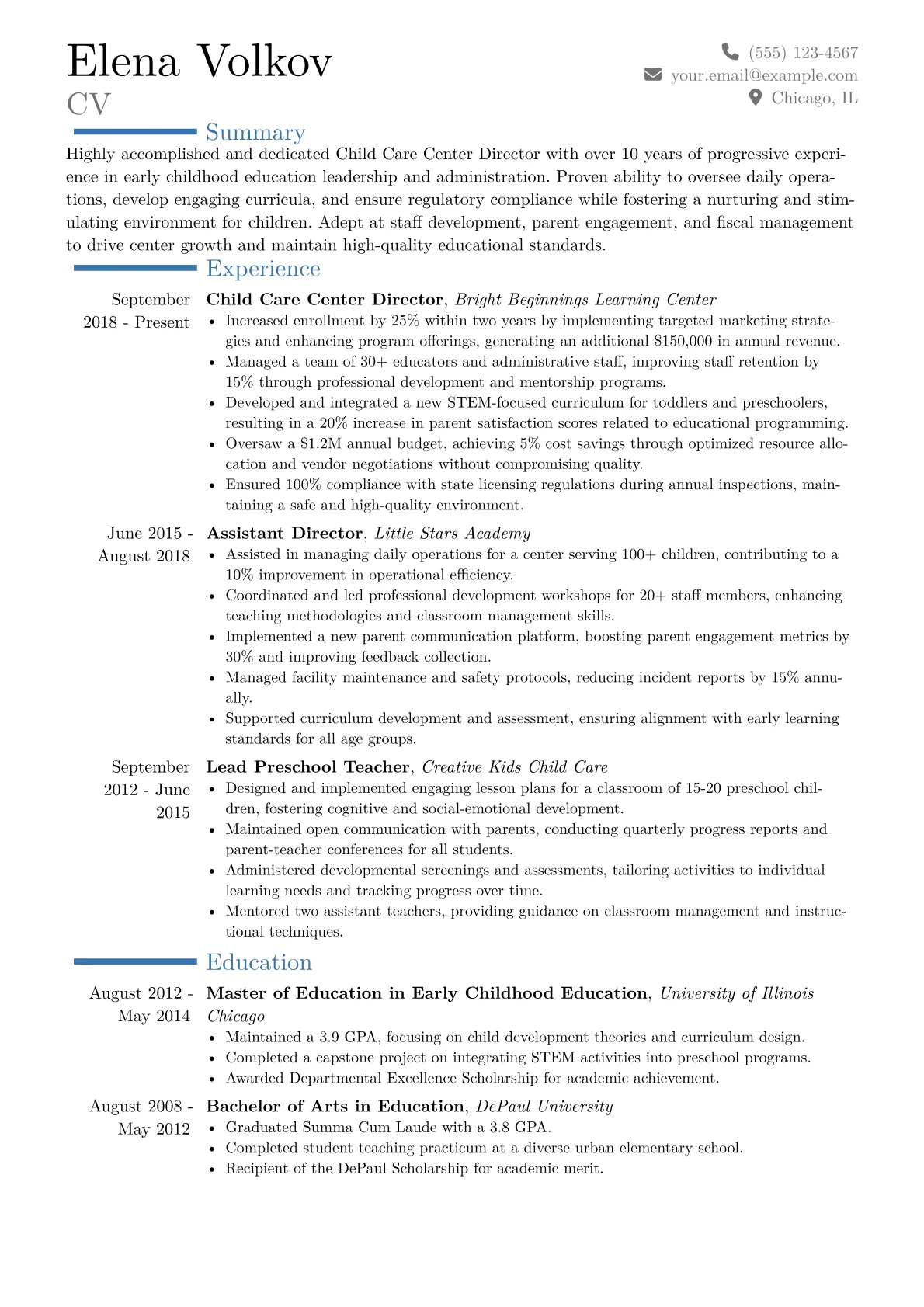 Child Care Center Director Resume Example CV template - Page 1