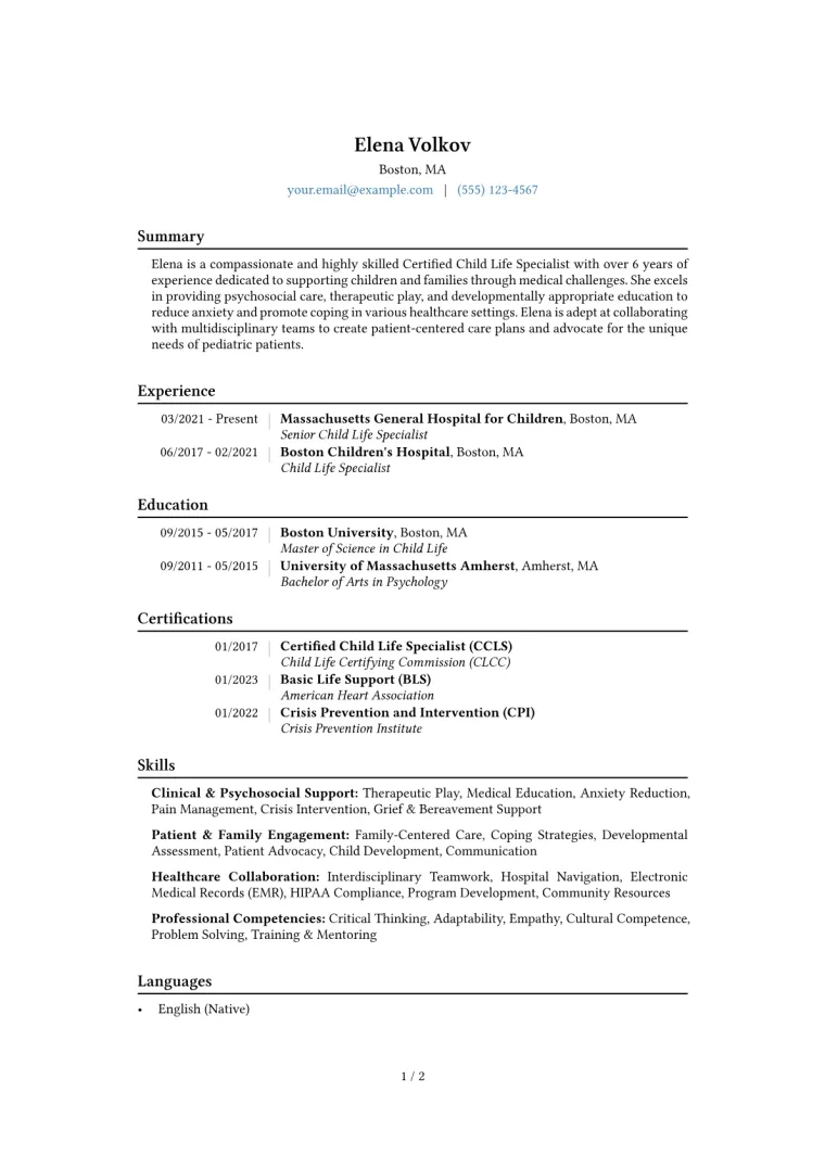 Child Life Specialist Resume Example CV template preview
