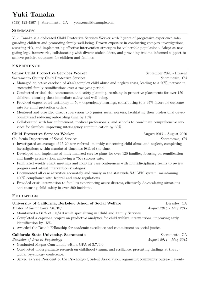 Child Protective Services Worker Resume Example CV template preview