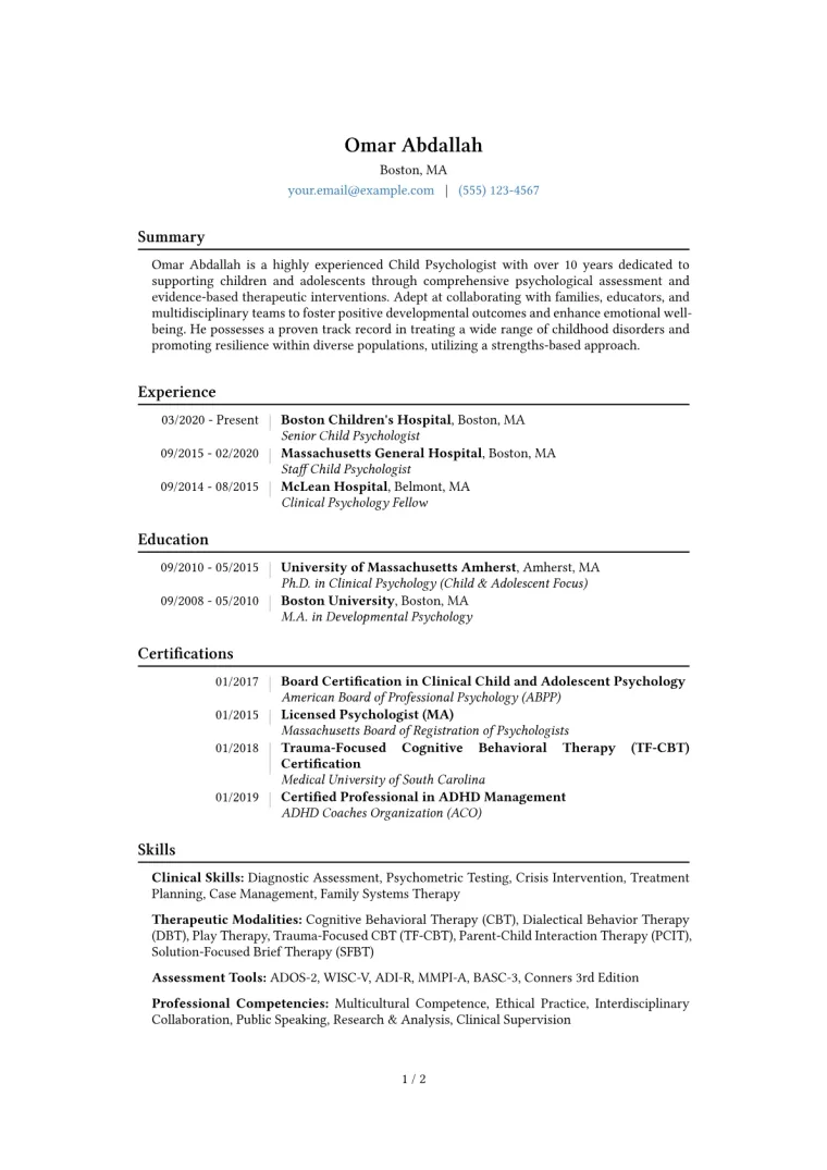 Child Psychologist Resume Example CV template preview