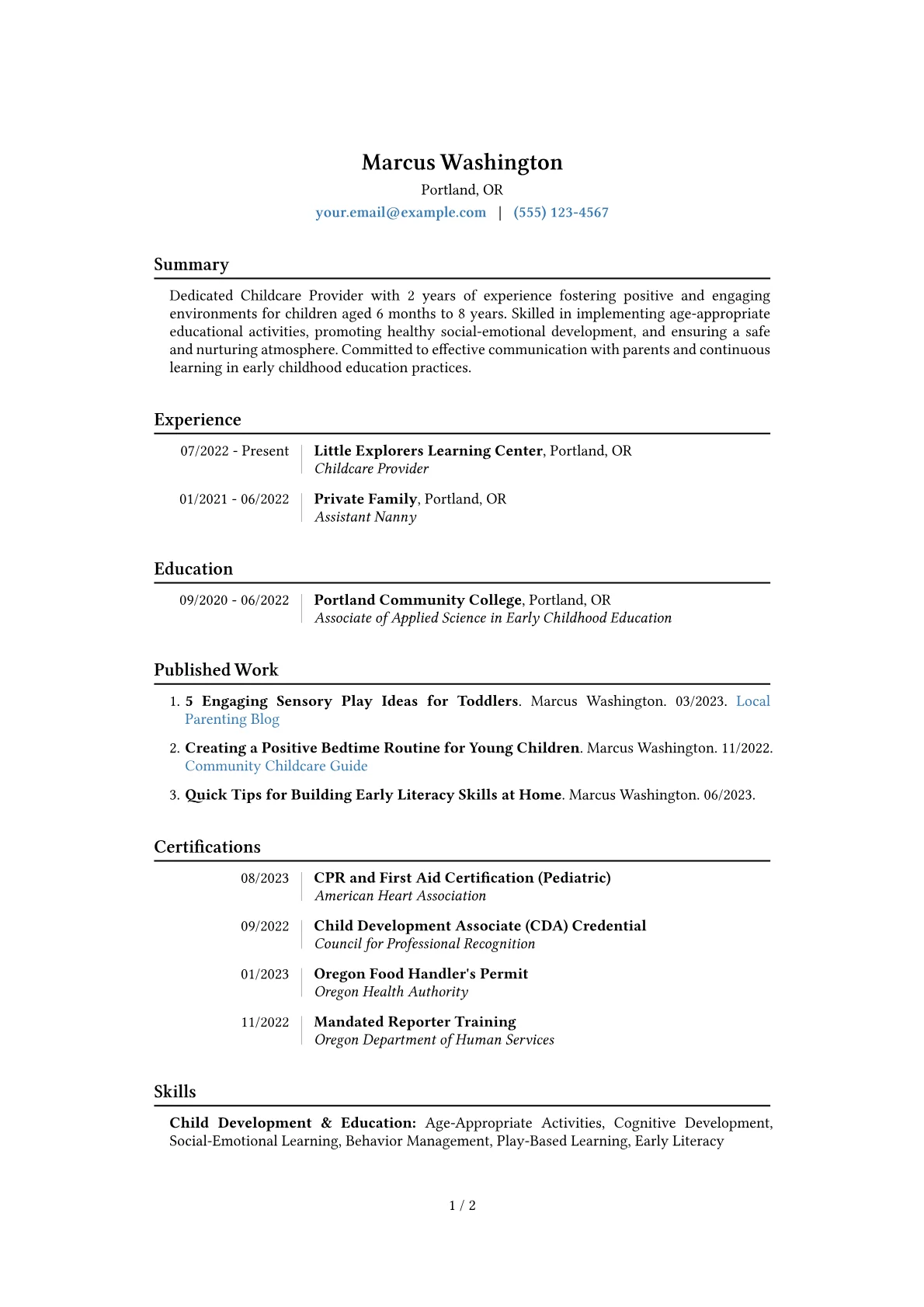 Childcare Provider Resume Example CV template - Page 1