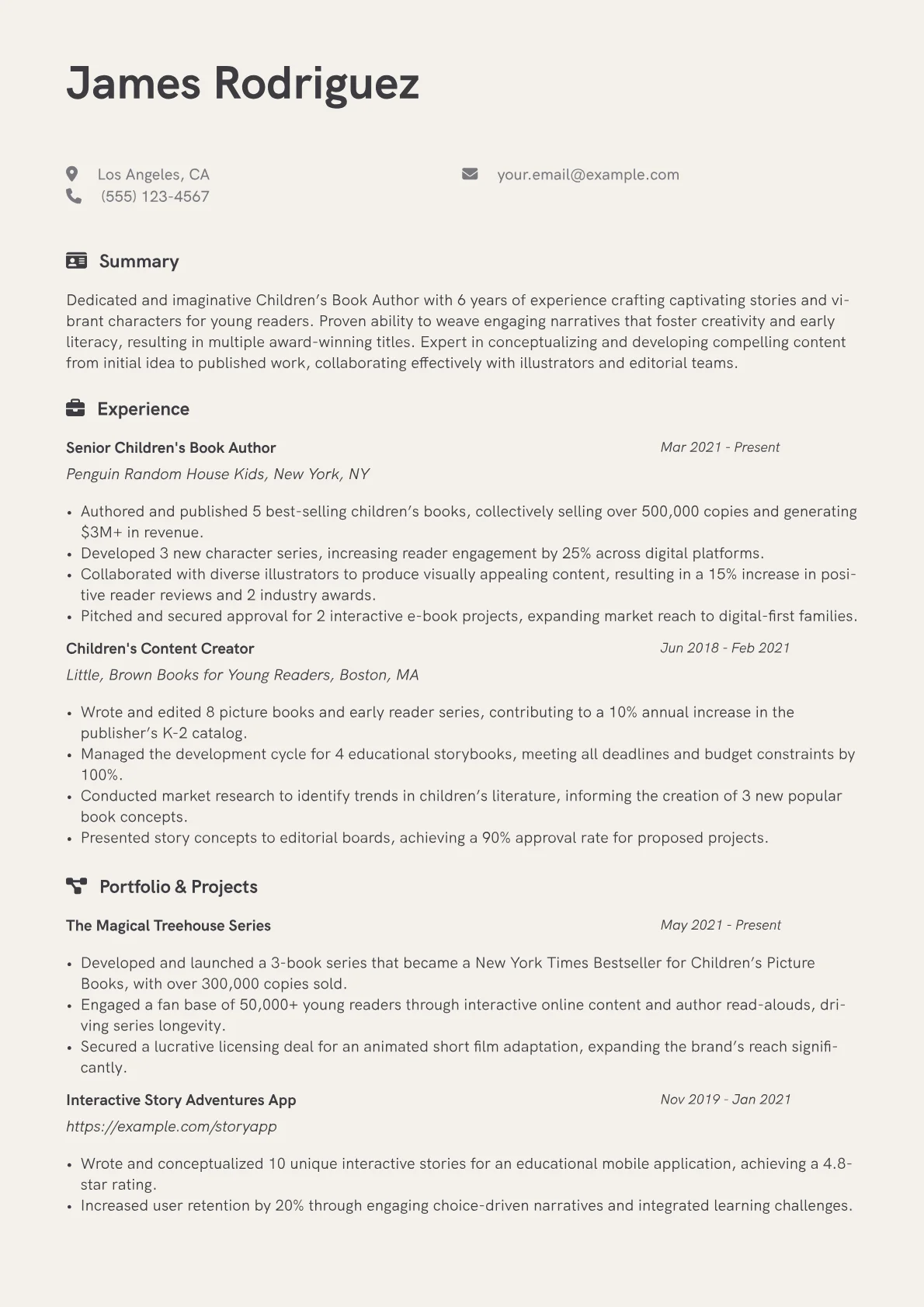 Children's Book Author Resume Example CV template - Page 1