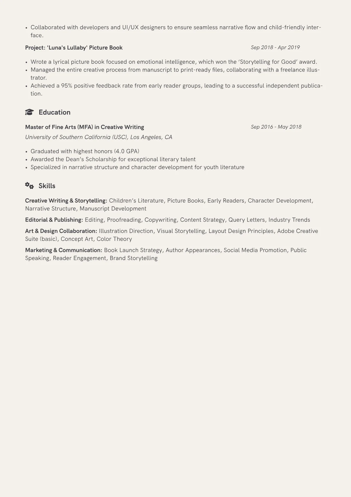 Children's Book Author Resume Example CV template - Page 2