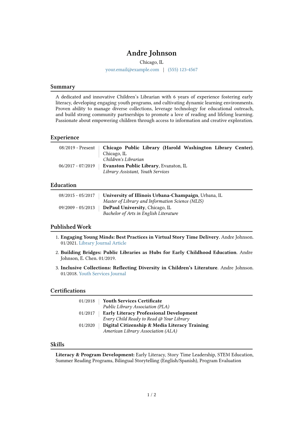 Children's Librarian Resume Example CV template - Page 1