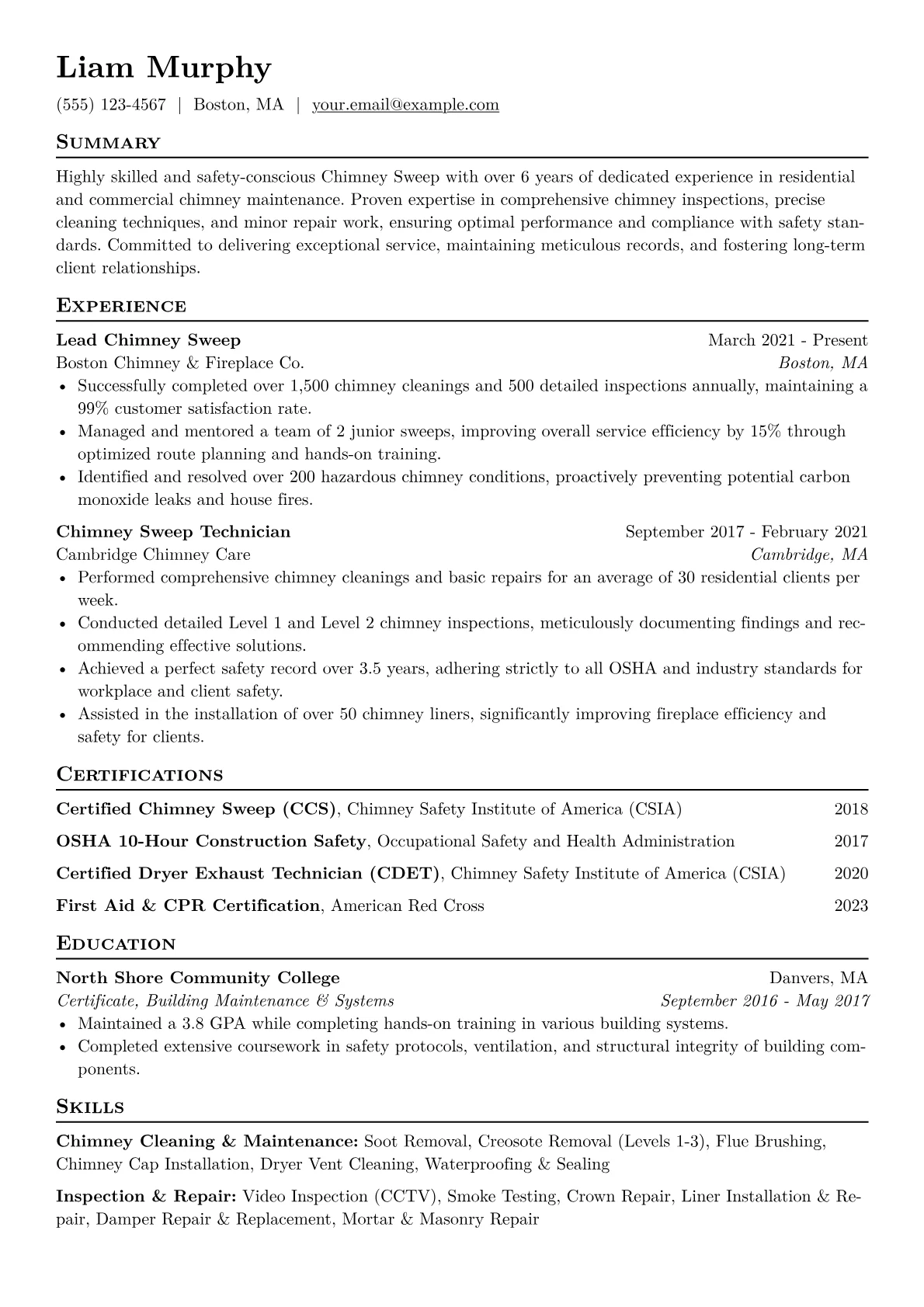 Chimney Sweep Resume Example CV template - Page 1