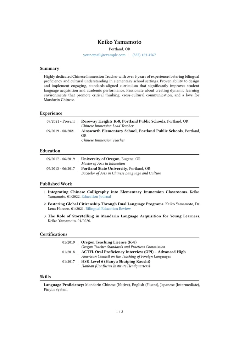 Chinese Immersion Teacher Resume Example CV template preview