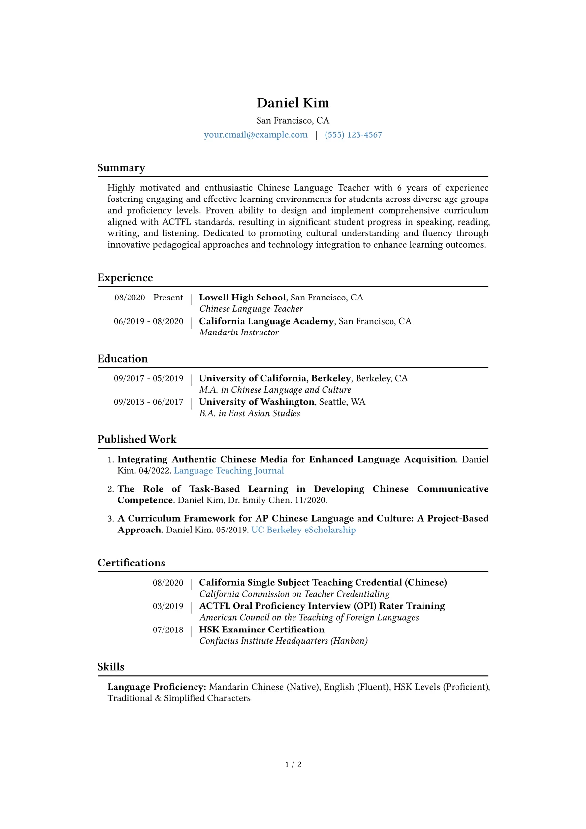 Chinese Language Teacher Resume Example CV template - Page 1