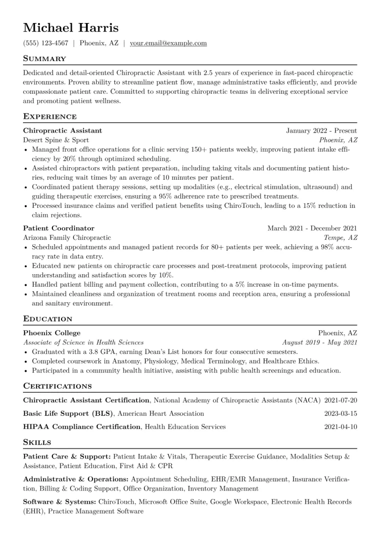 Chiropractic Assistant Resume Example