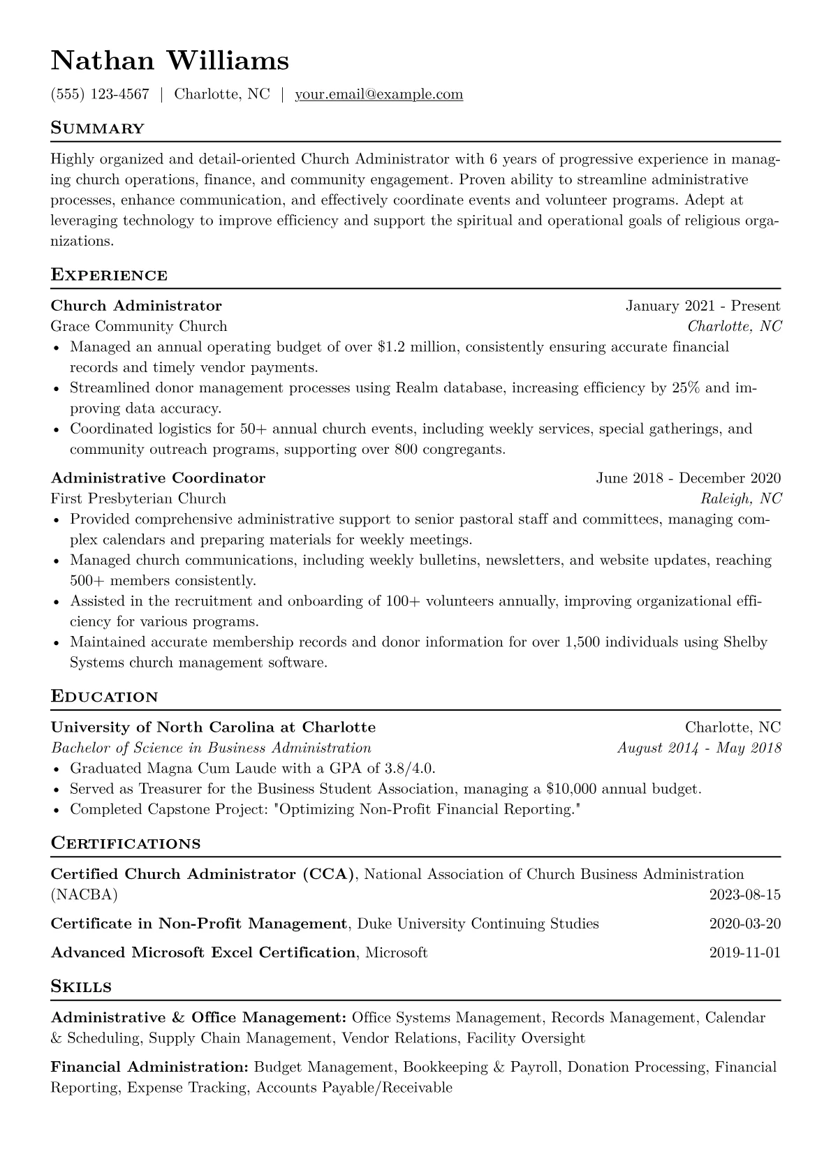 Church Administrator Resume Example CV template - Page 1