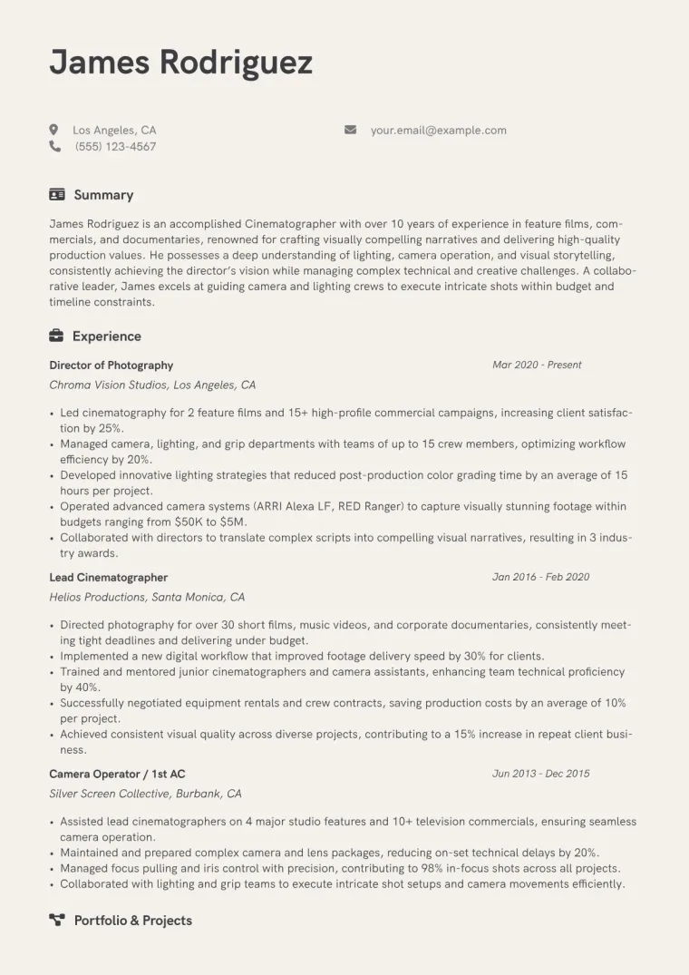 Cinematographer Resume Example CV template preview