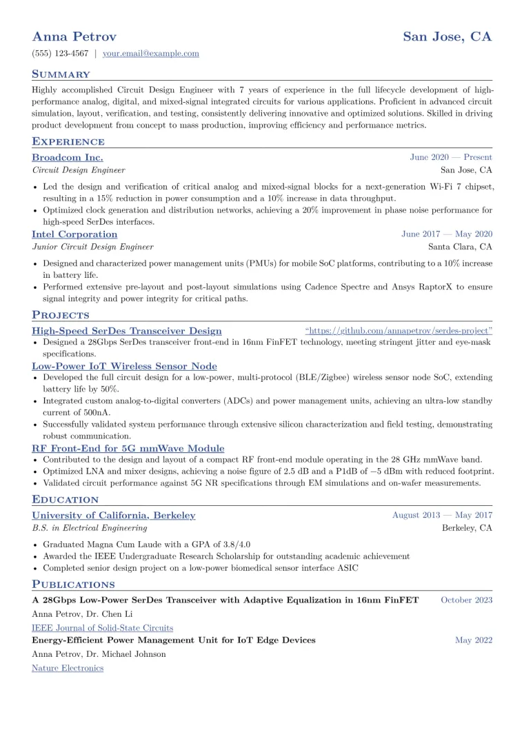 Circuit Design Engineer Resume Example CV template preview