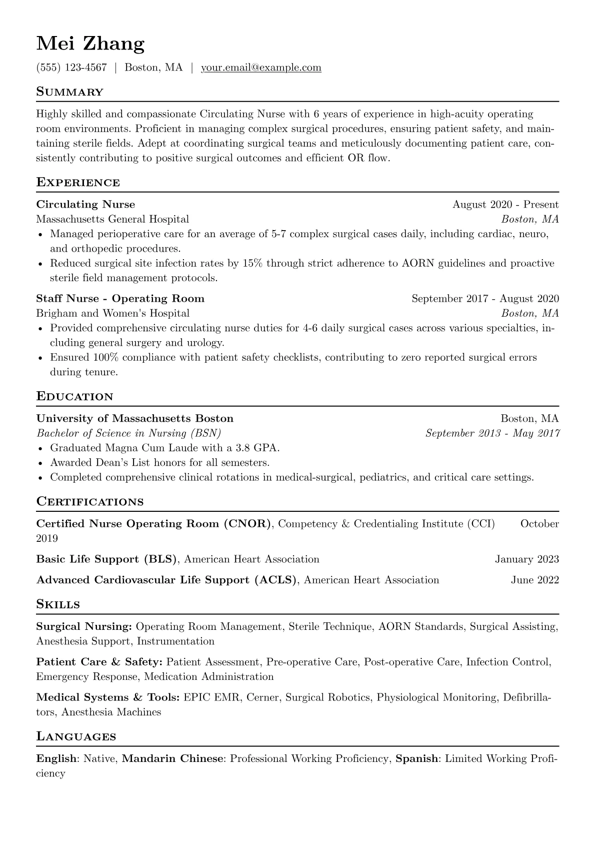 Circulating Nurse Resume Example CV template - Page 1