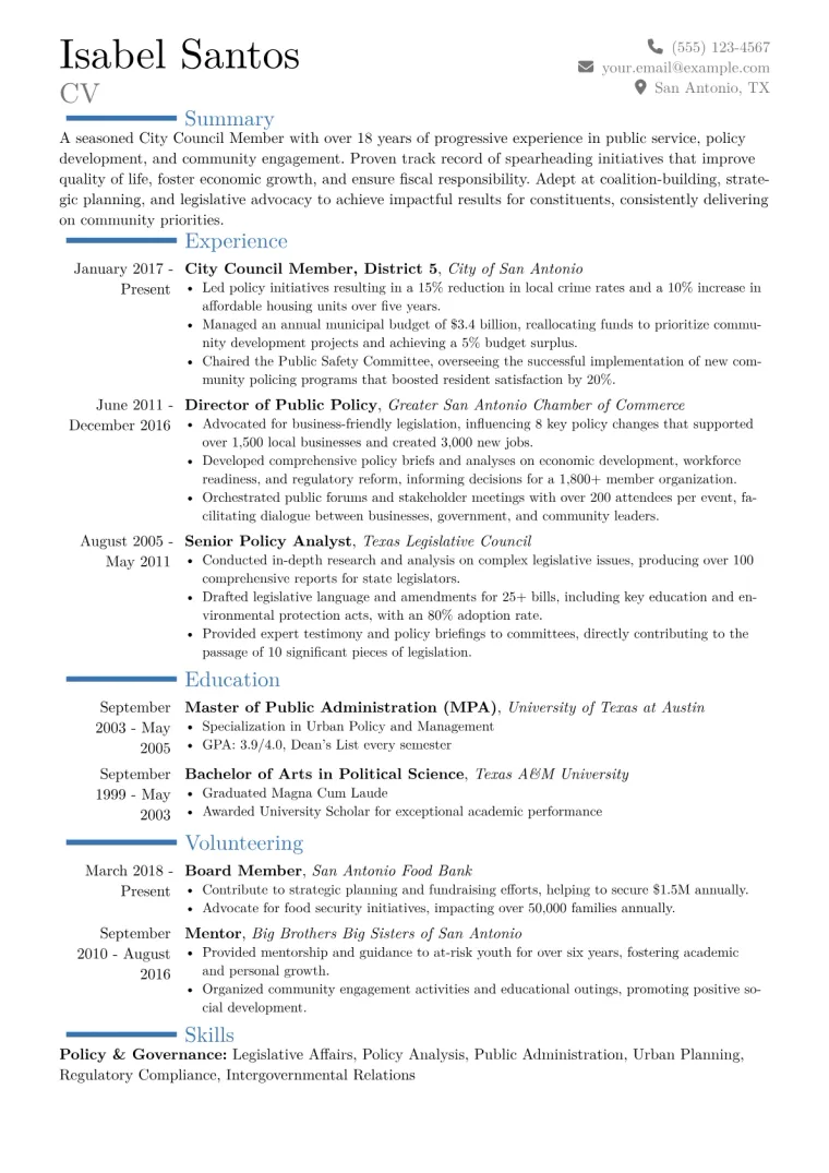 City Council Member Resume Example CV template preview