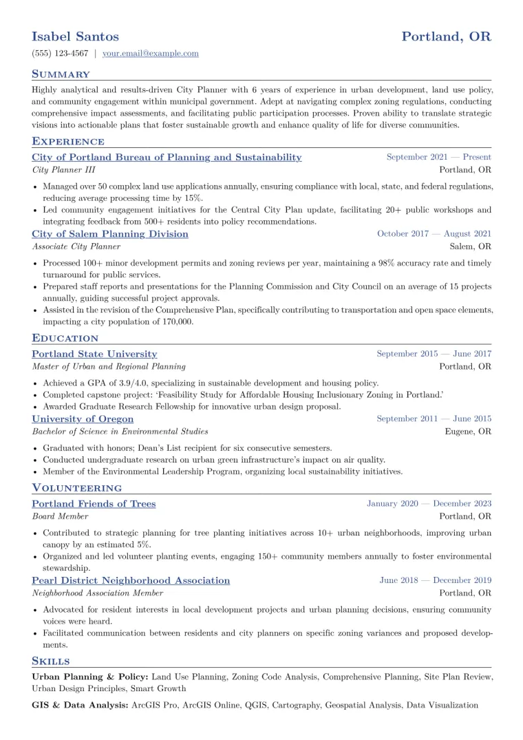 City Planner Resume Example