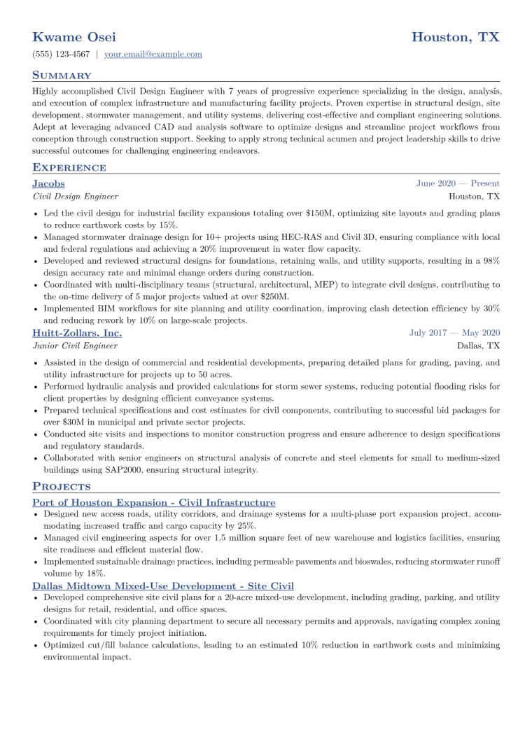 Civil Design Engineer Resume Example CV template preview