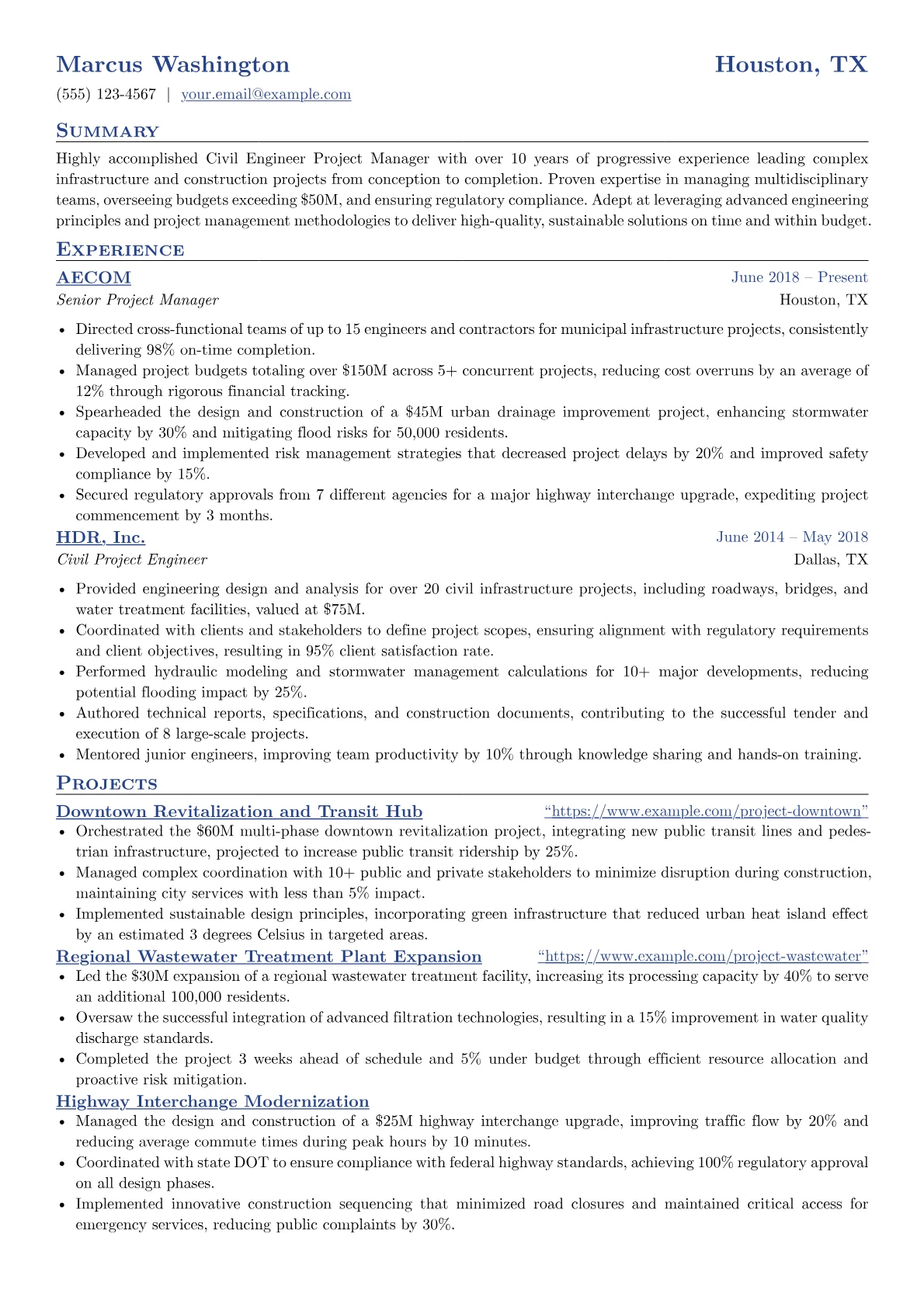 Civil Engineer Project Manager Resume Example CV template - Page 1