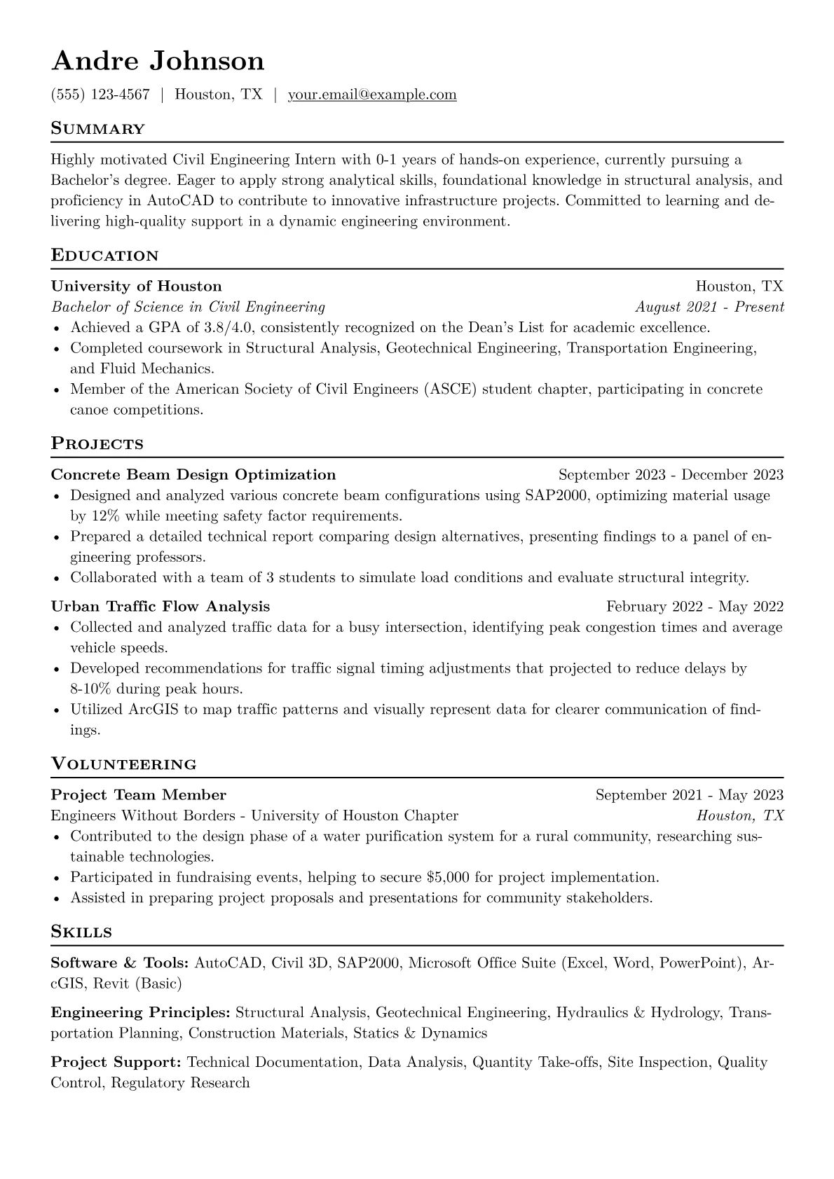 Civil Engineering Intern Resume Example CV template - Page 1
