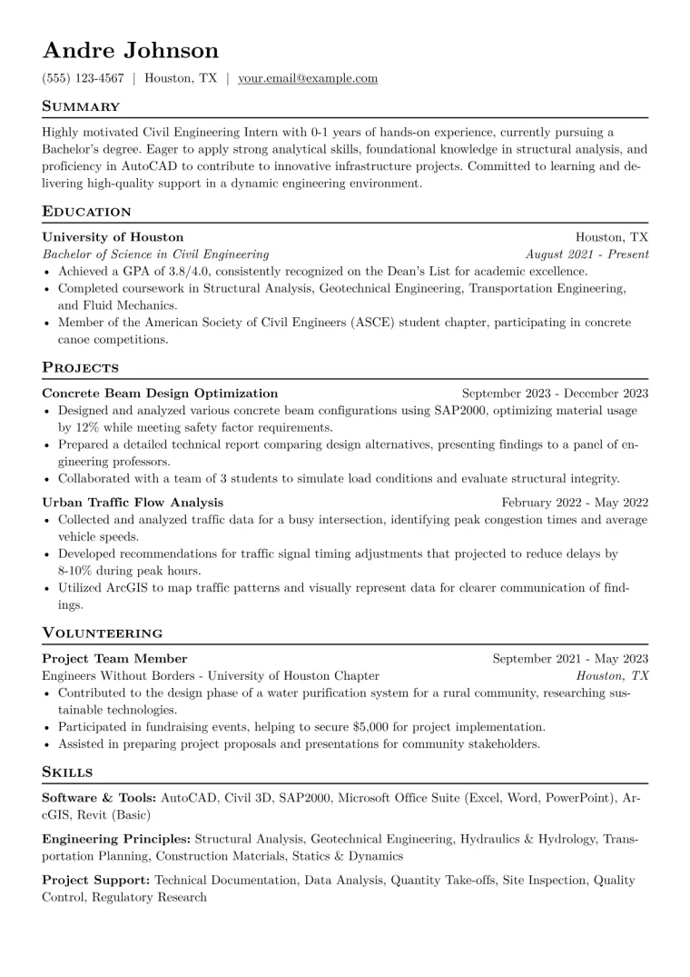 Civil Engineering Intern Resume Example CV template preview