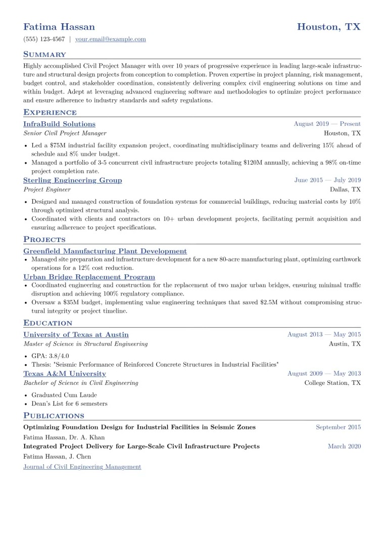 Civil Project Manager Resume Example CV template preview
