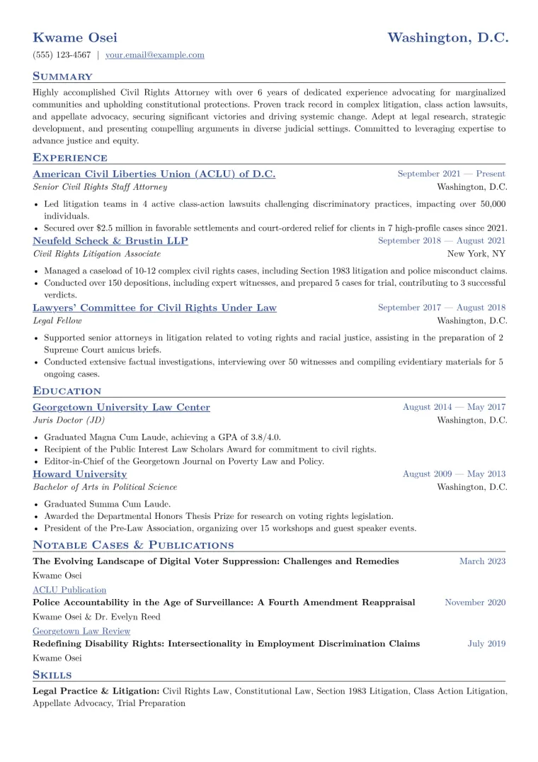 Civil Rights Attorney Resume Example CV template preview