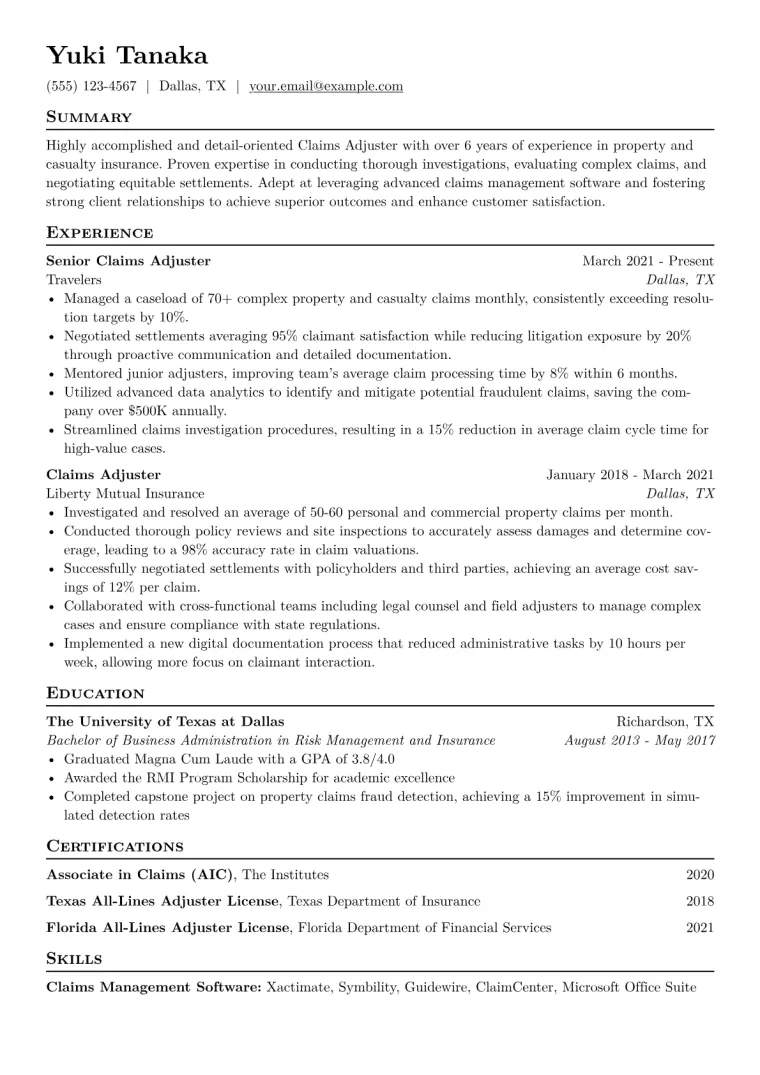 Claims Adjuster Resume Example CV template preview