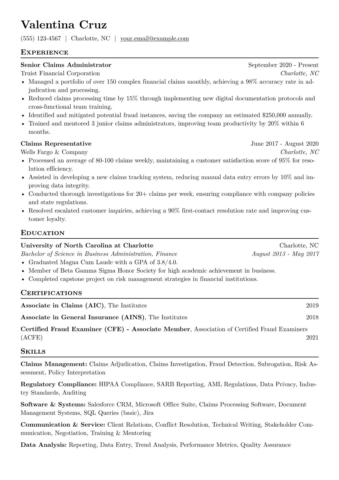 Claims Administrator Resume Example CV template - Page 1