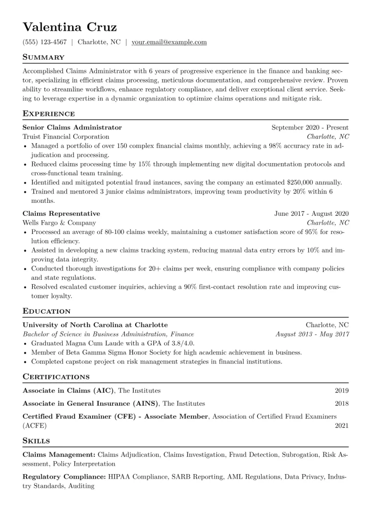 Claims Administrator Resume Example CV template preview