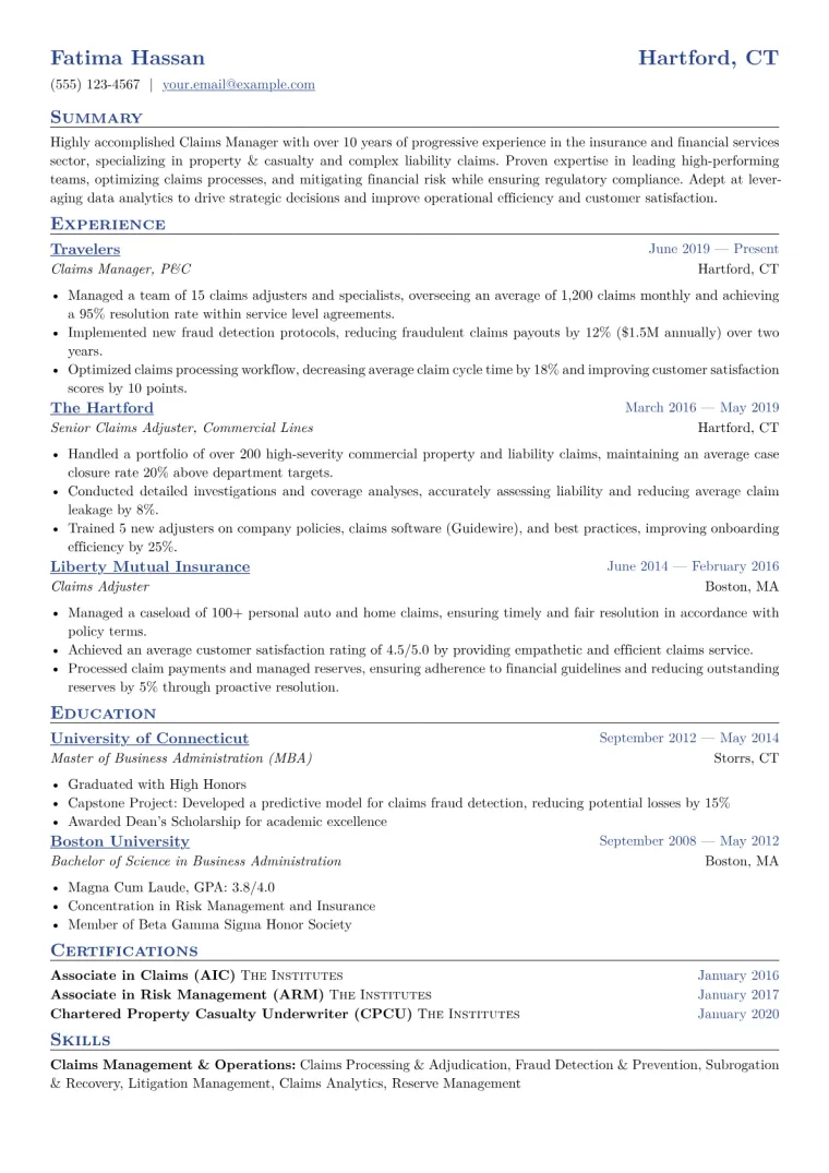 Claims Manager Resume Example CV template preview