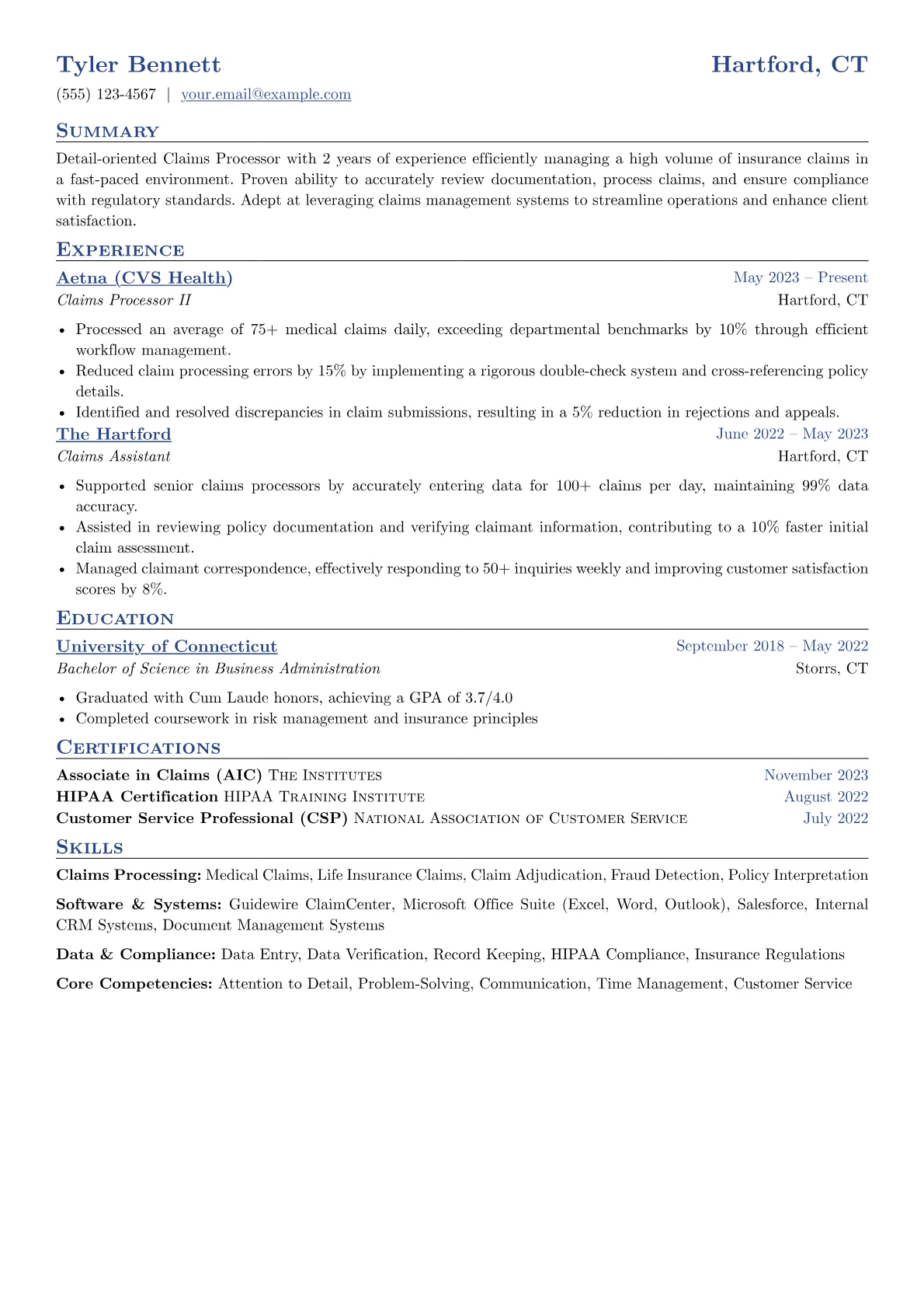 Claims Processor Resume Example CV template - Page 1