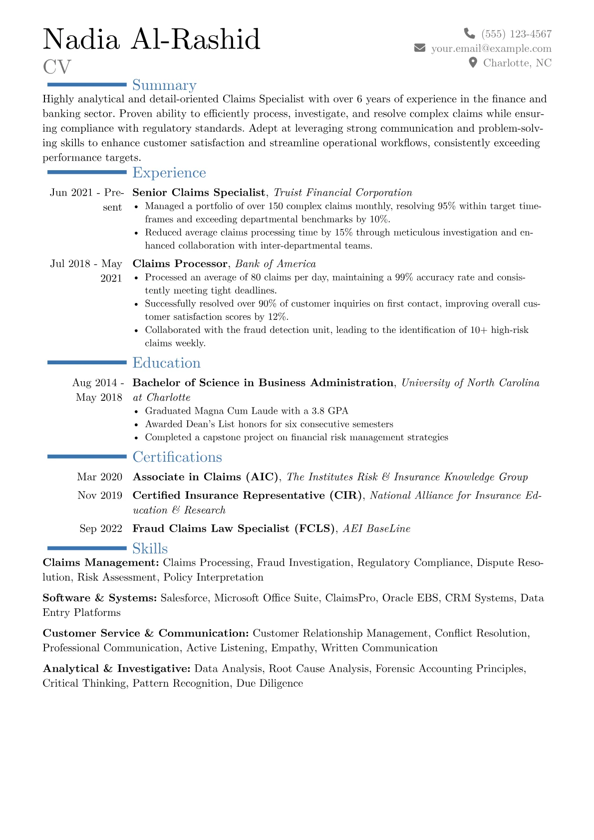 Claims Specialist Resume Example CV template - Page 1