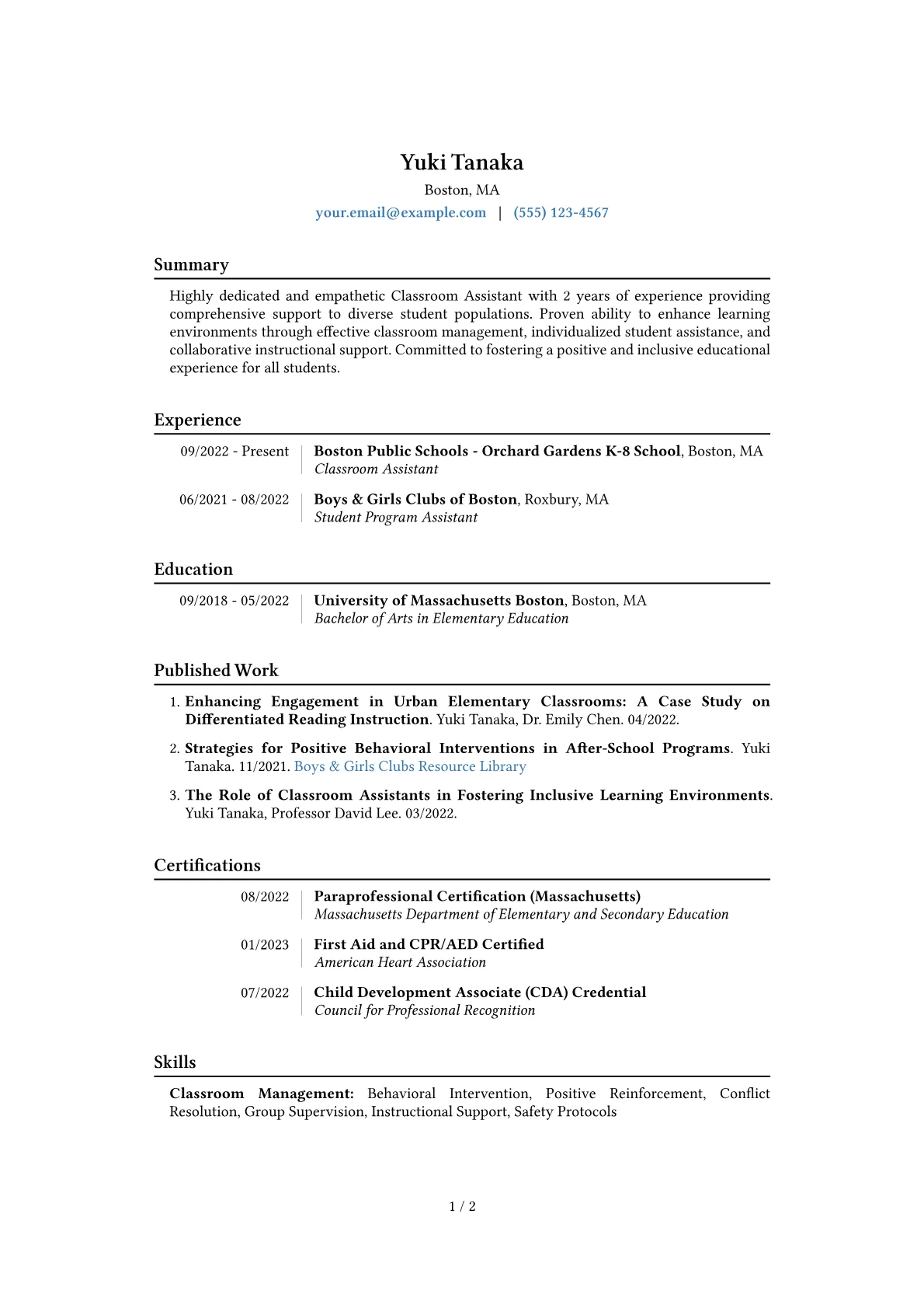 Classroom Assistant Resume Example CV template - Page 1