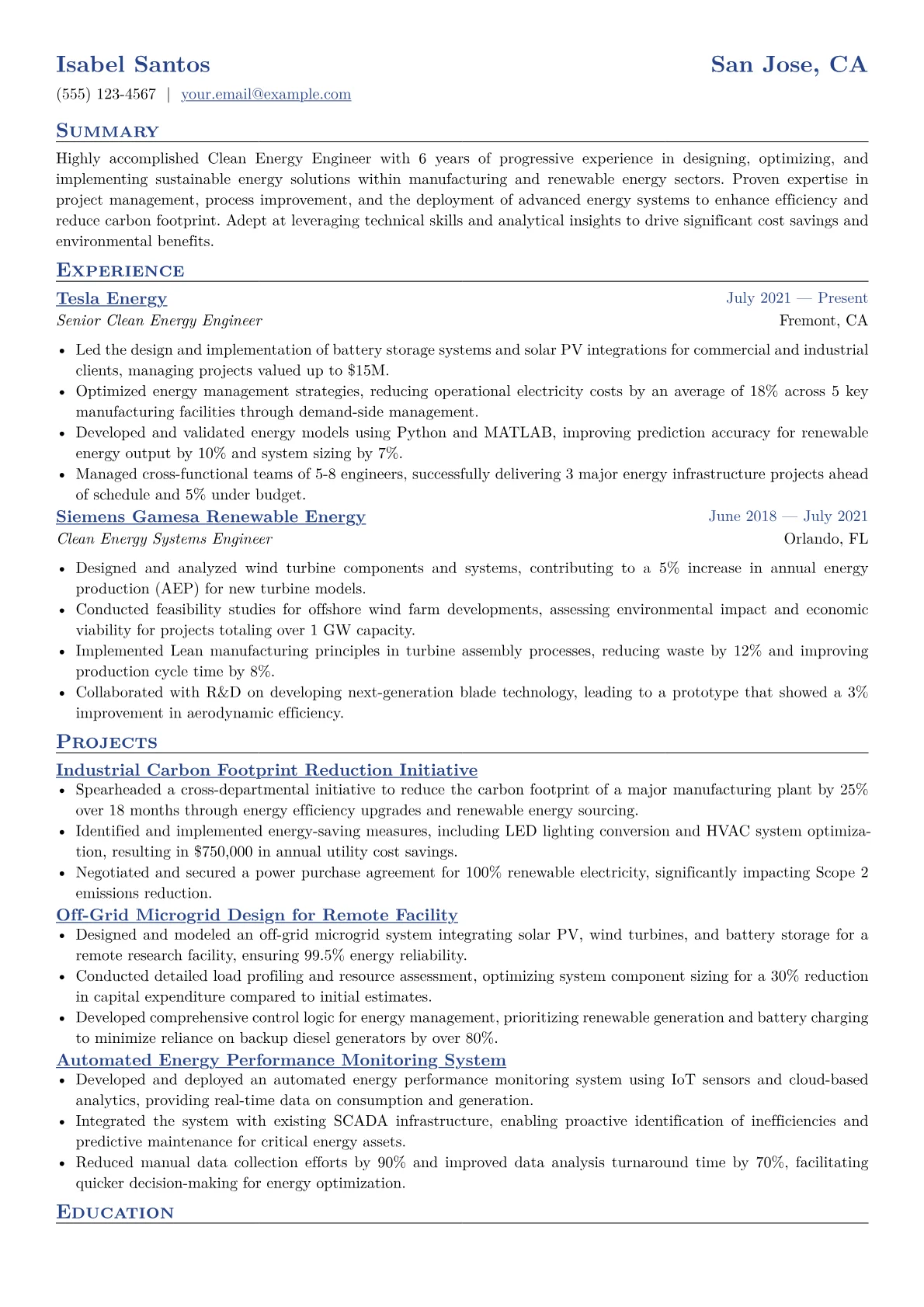 Clean Energy Engineer Resume Example CV template - Page 1