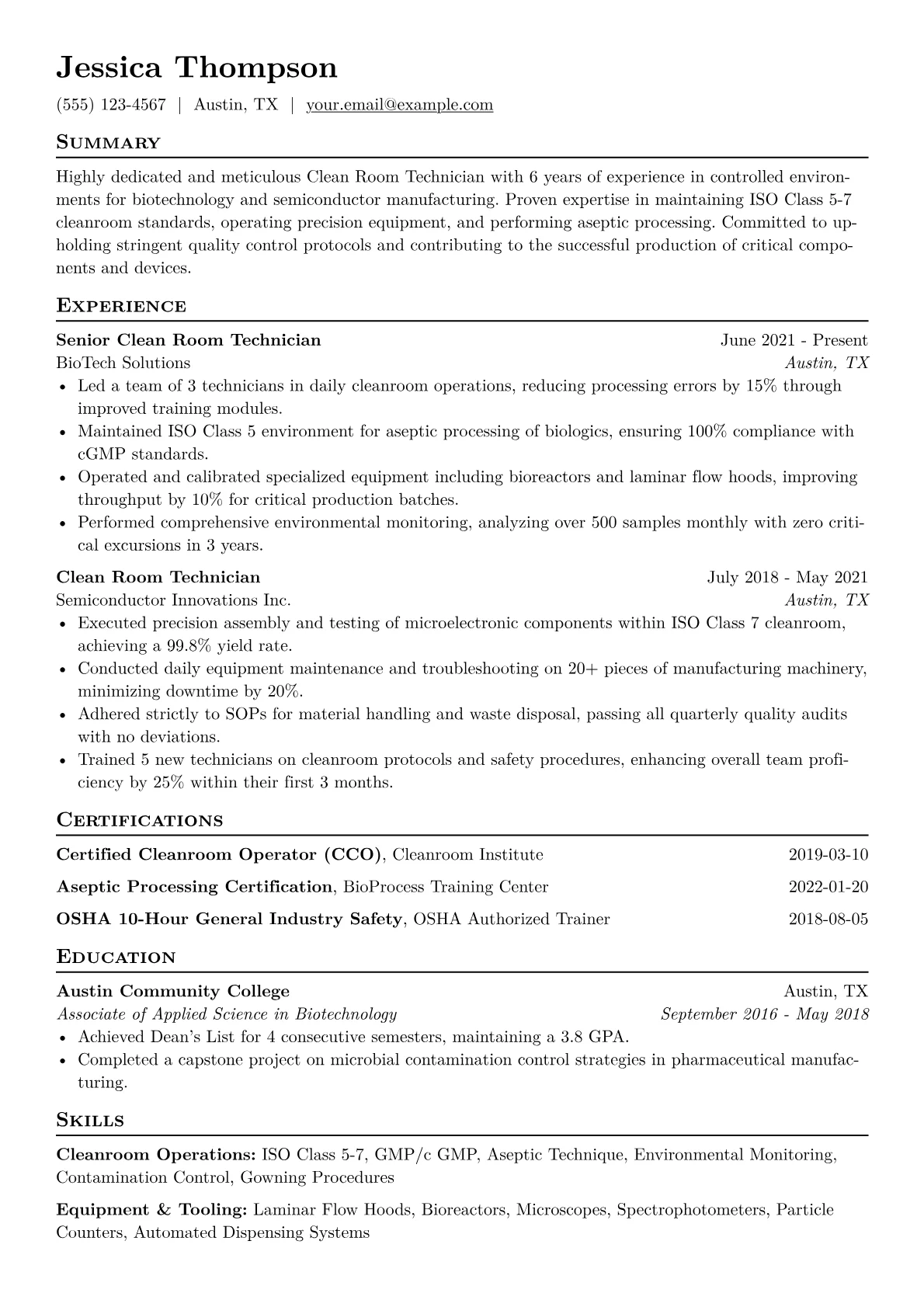 Clean Room Technician Resume Example CV template - Page 1