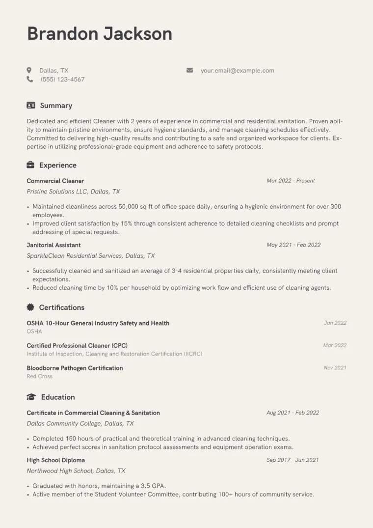 Cleaner Resume Example CV template preview