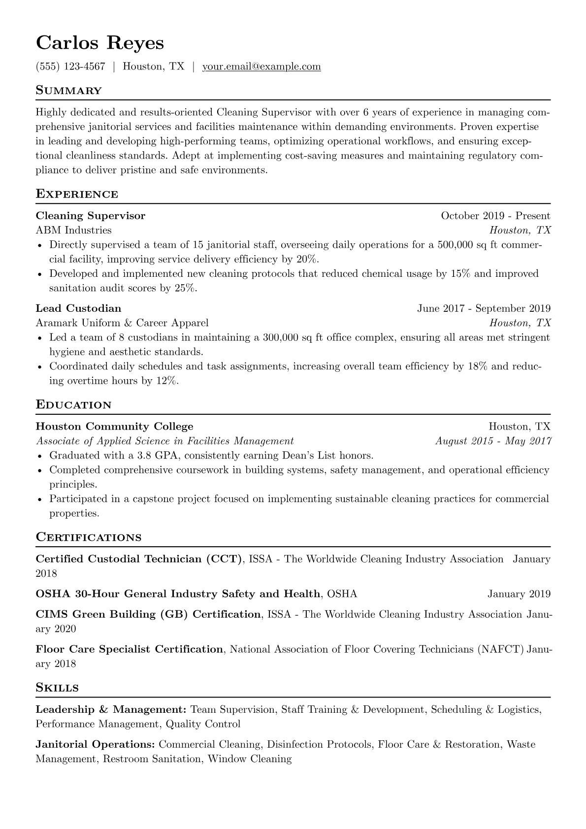 Cleaning Supervisor Resume Example CV template - Page 1