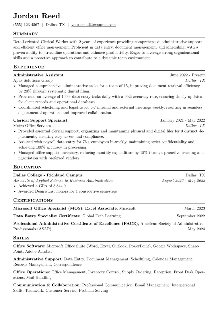 Clerical Worker Resume Example CV template preview