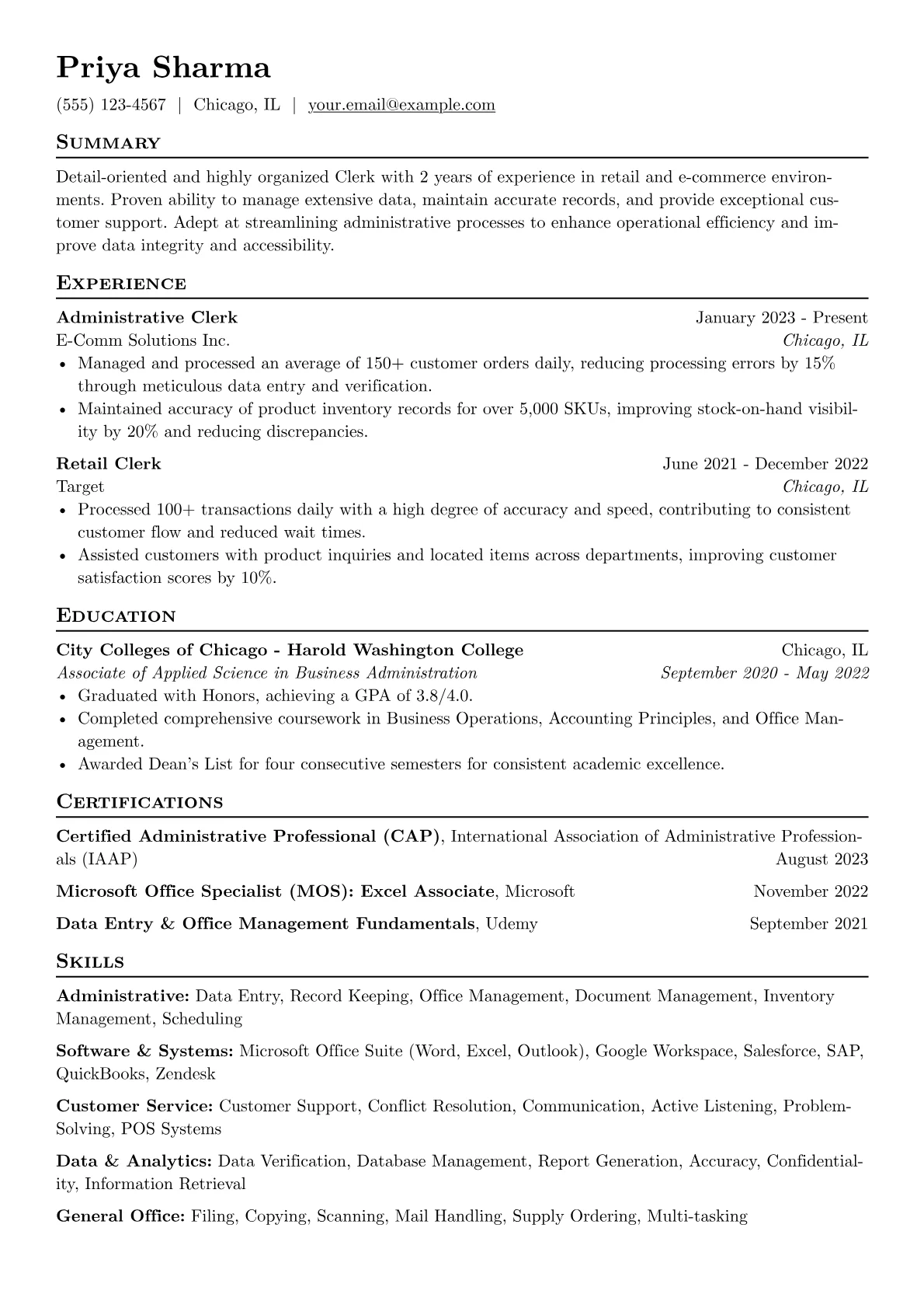Clerk Resume Example CV template - Page 1