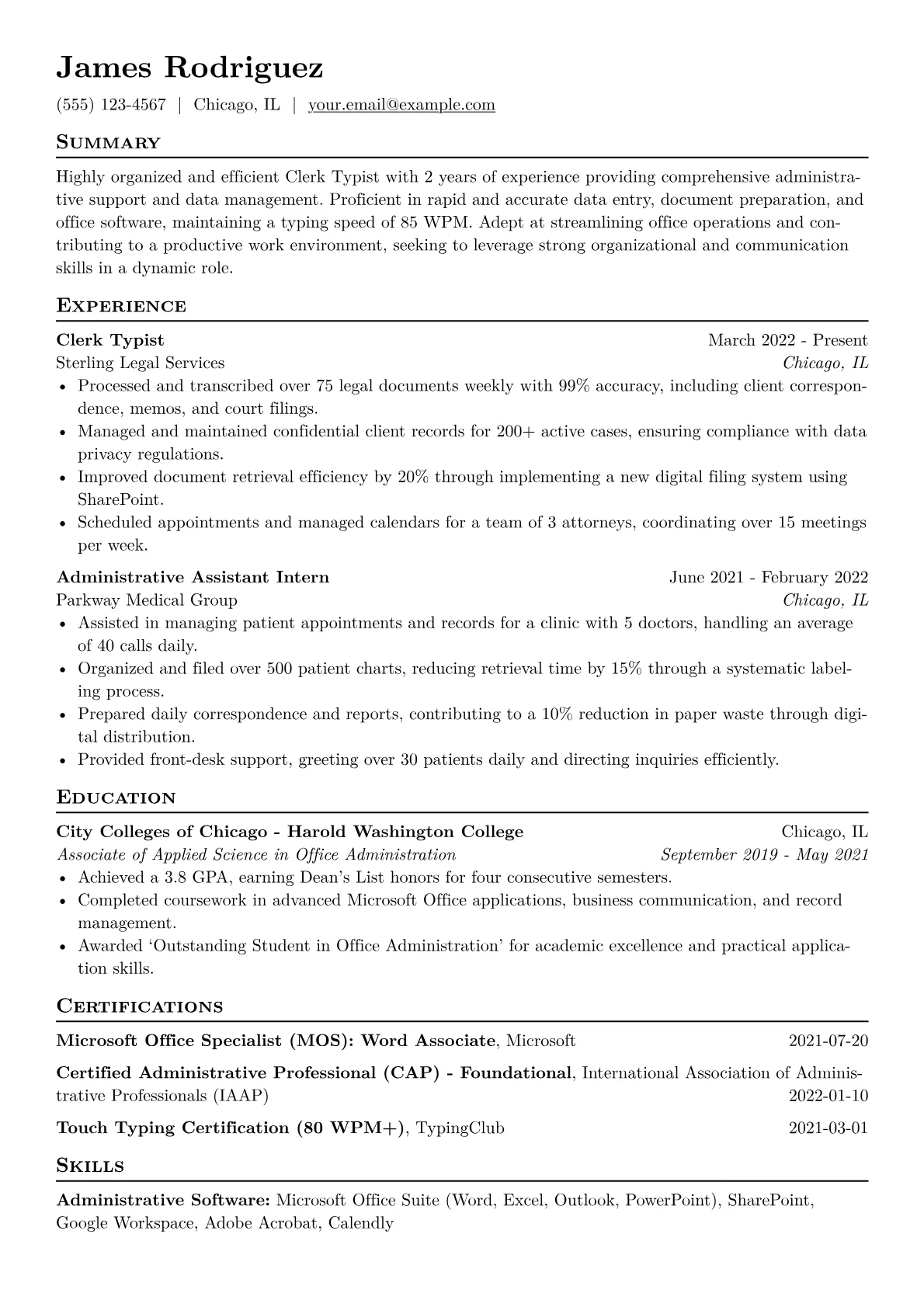 Clerk Typist Resume Example CV template - Page 1