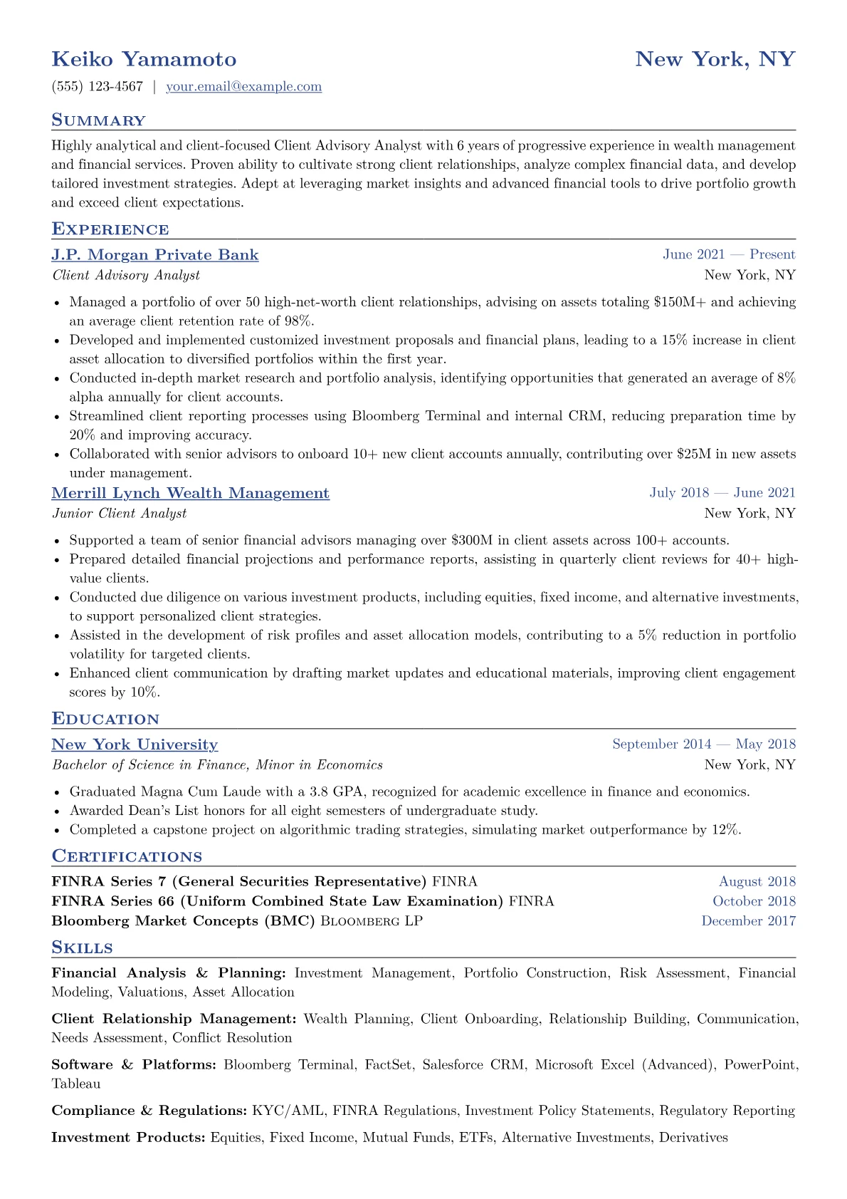 Client Advisory Analyst Resume Example CV template - Page 1