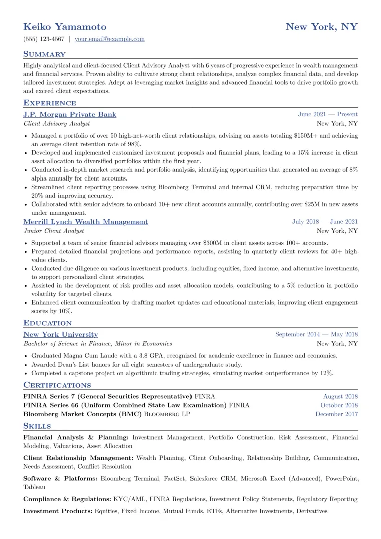 Client Advisory Analyst Resume Example CV template preview