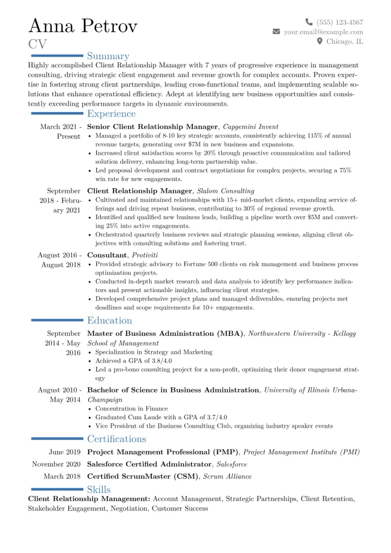 Client Relationship Manager Resume Example
