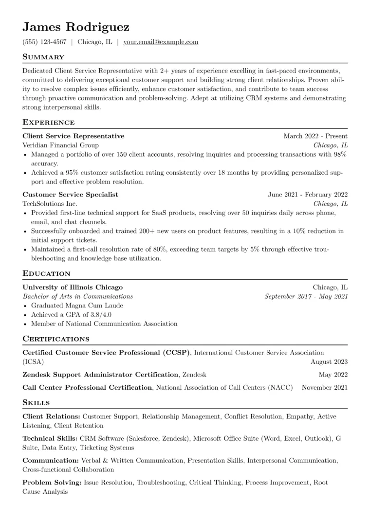 Client Service Representative Resume Example CV template preview